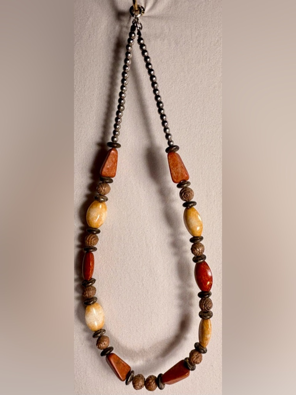 Authentic 1970s Vintage Artisan Beaded Necklace - Brick Red & Cream Boho